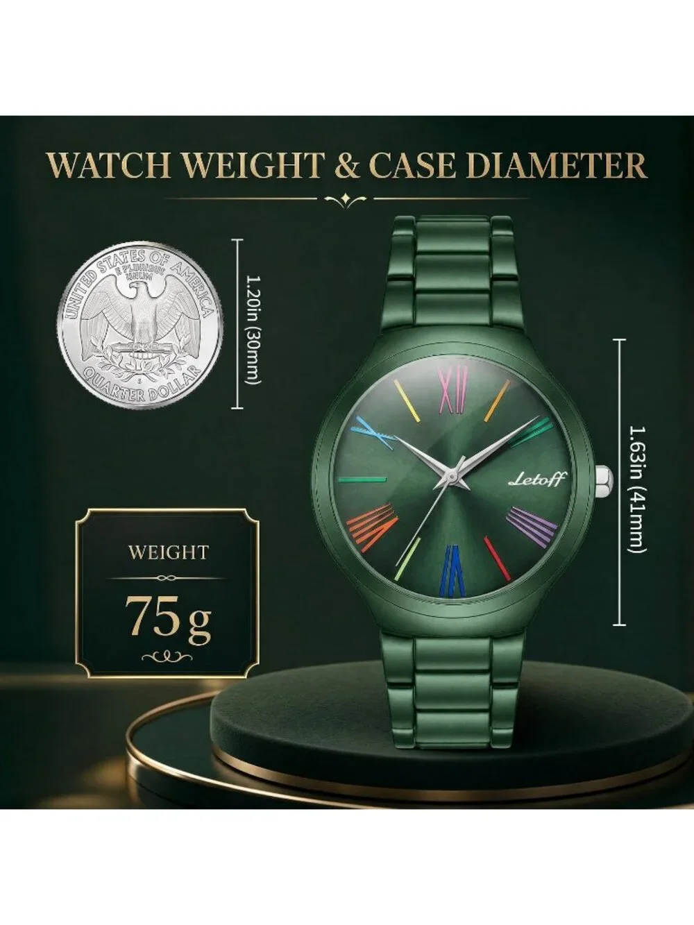 Women's Green Colorful Roman Numerals, Interchangeable Metal Strap Wrist Watches